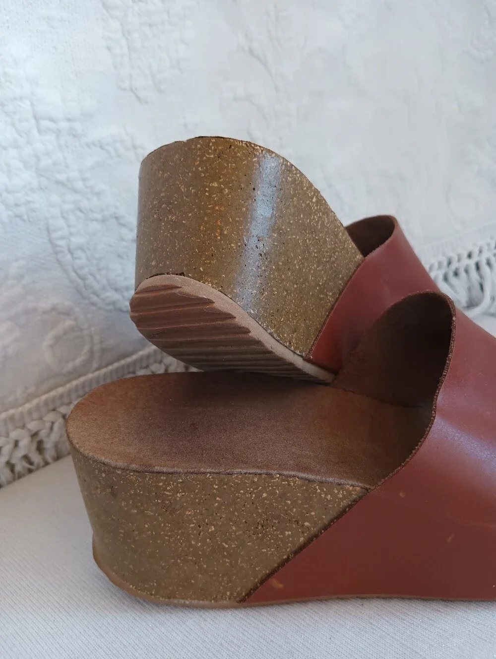 Brown Wedge Slide Sandals Platform Cork-Look Heel Retro Boho Cheap Summer Shoes